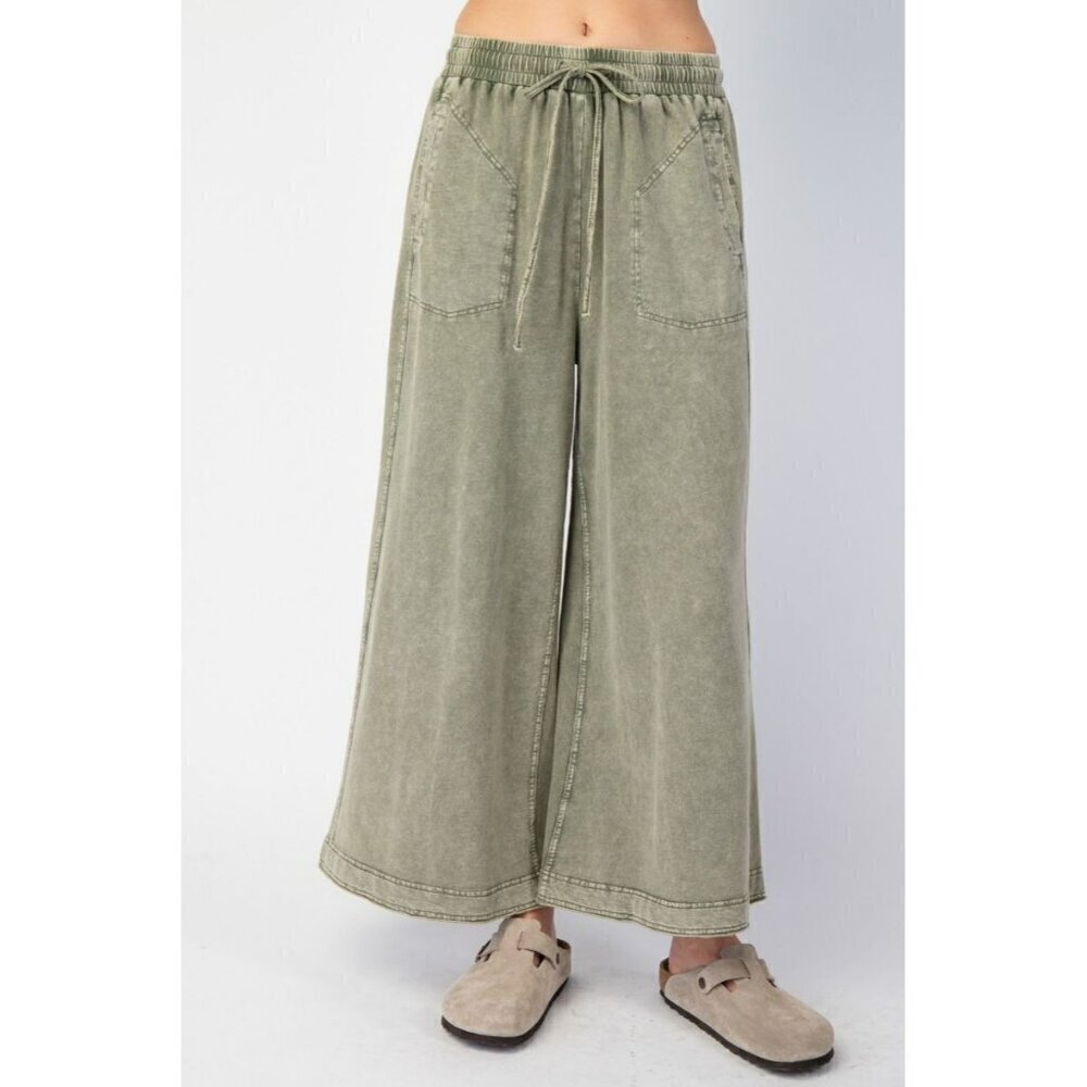 Cozy On The Go Mineral Washed Terry Knit Pants in Faded Olive